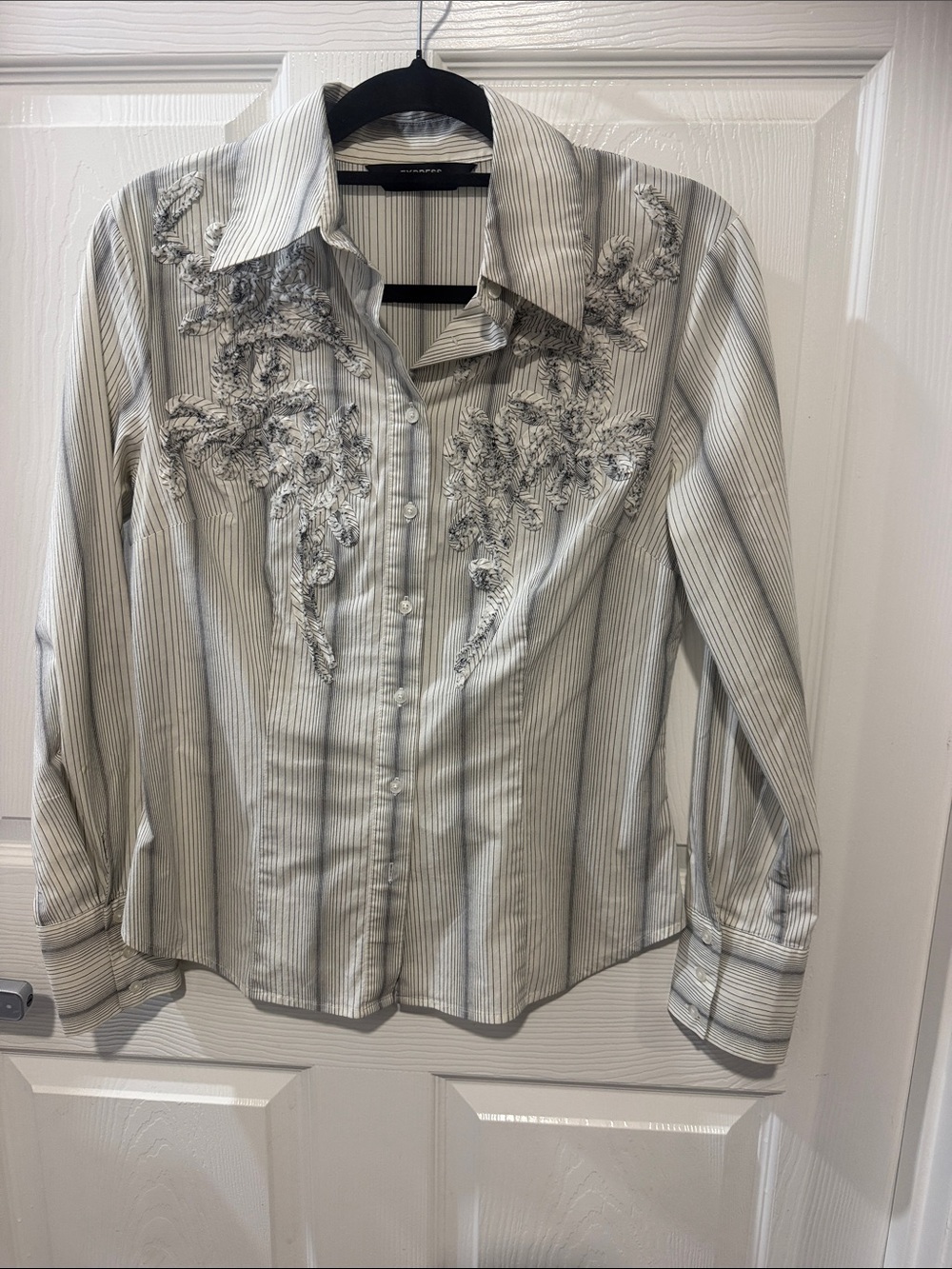 Express Light Gray Striped Embroidered Button-Down Shirt
